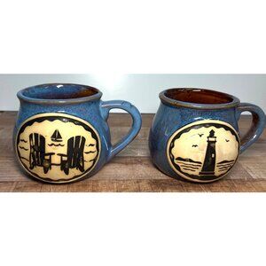 Set Of 2 Stoneware Mugs With Coastal Lighthouse & Adirondack ChairCape Shore